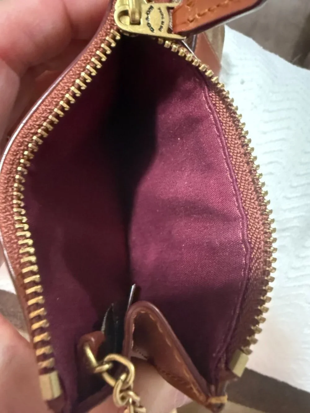 Coach Signature Canvas Zip ID Card Holder Keychain Brown Tan Gold Hardware
